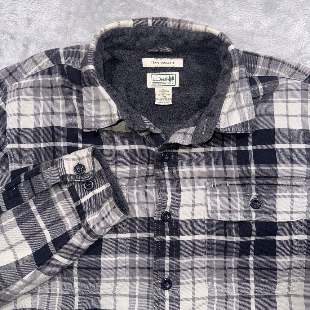 L.L.Bean Shirt Mens Large Gray Black Plaid Fleece Lined Flannel Shacket Workwear
